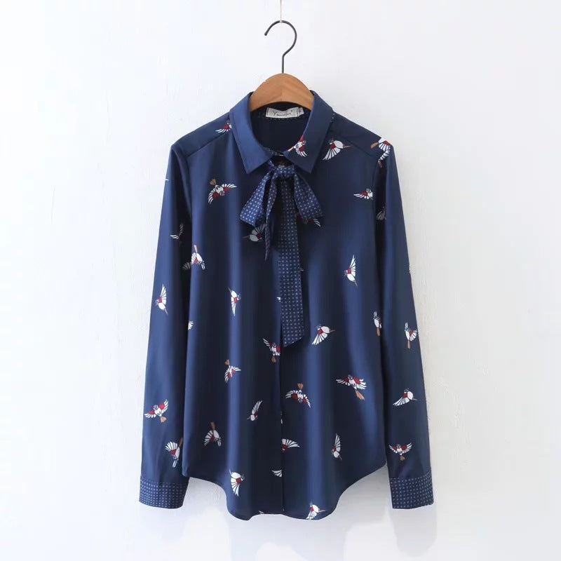 New Fashion spring new birds printed with long sleeve shirt #T8193