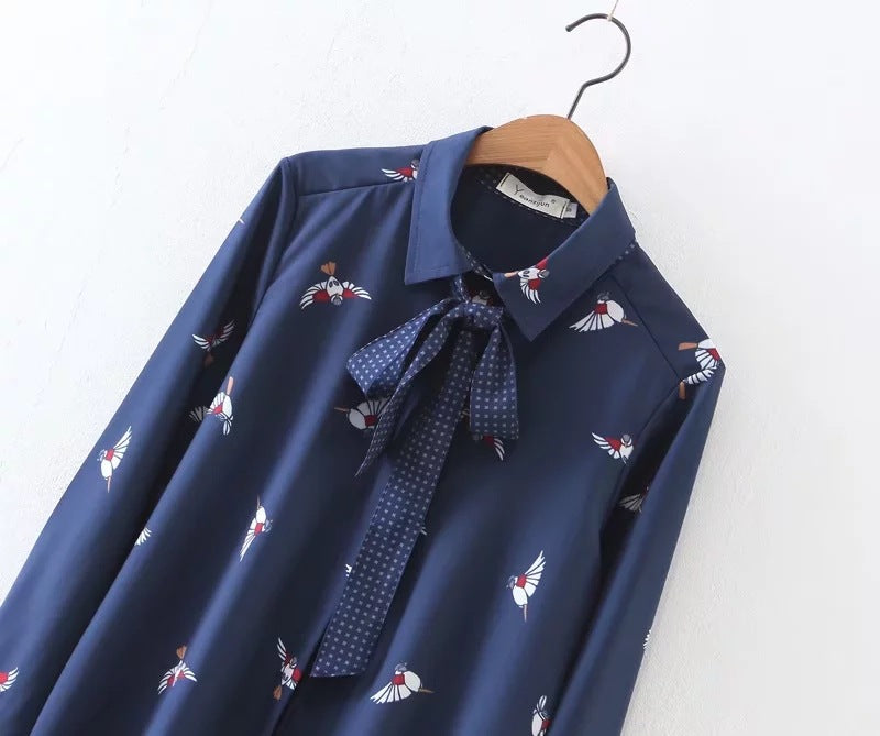 New Fashion spring new birds printed with long sleeve shirt #T8193