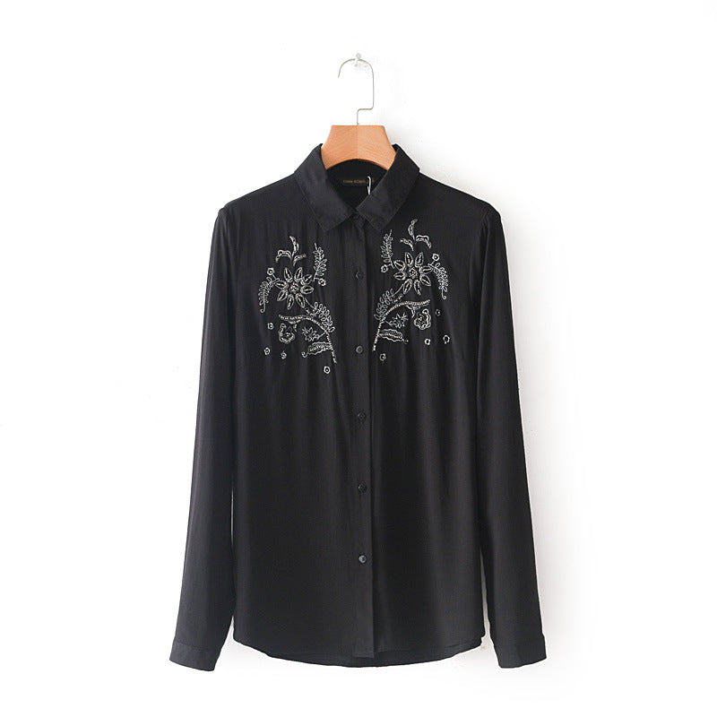 Europe and America autumn and winter handmade pearl embroidered long sleeved shirt 876h