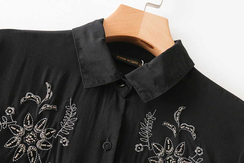 Europe and America autumn and winter handmade pearl embroidered long sleeved shirt 876h