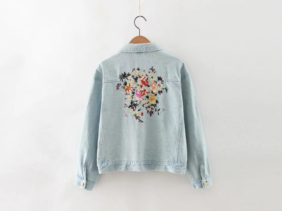 Flower bird embroidery washed denim jacket # 8278R