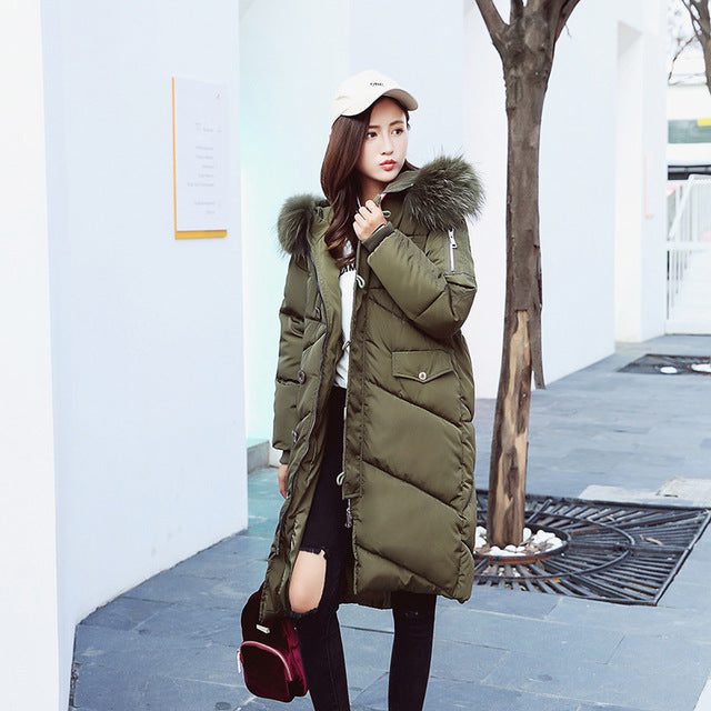 Winter women's coat girls long slim big fur coat padded down jacket -7865 - Flickdeal.co.nz