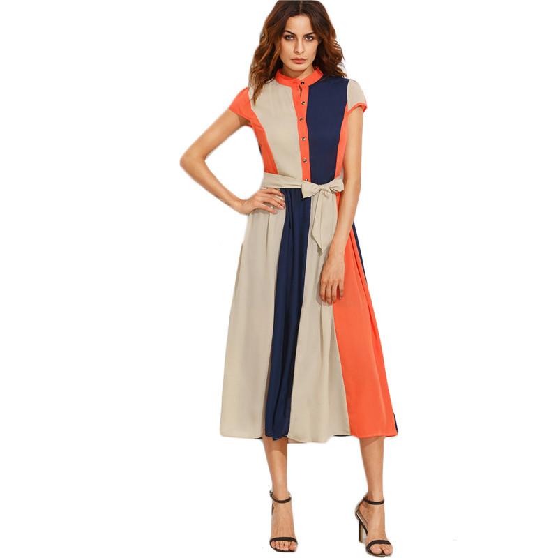 Midi Dress Short Sleeve Women Dress Bow Tie Waist Buttons - Flickdeal.co.nz